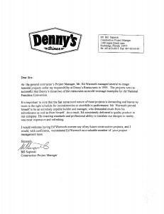 Edward Warmoth's letter of recommendation from Denny's